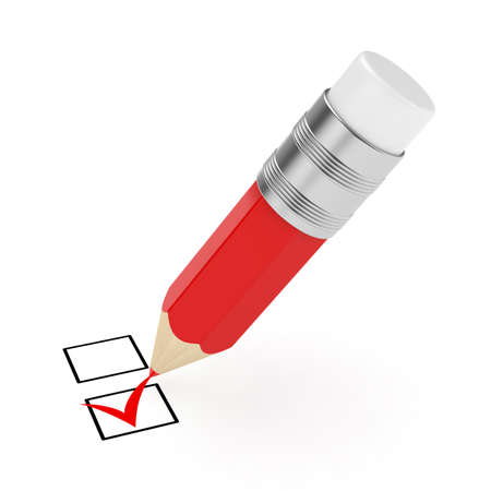 3d render of red pencil with checkmark isolated on white backgroundの写真素材