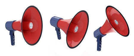 3d illustration of megaphone different views over whiteの写真素材