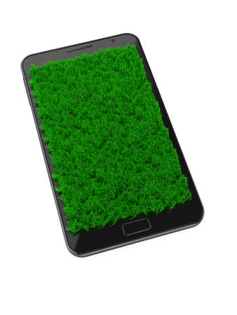 3d illustration of mobile phone with grass over screenの写真素材