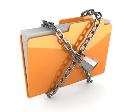 3d illustration of yellow folder with chain and padlock  Isolated on whiteの写真素材