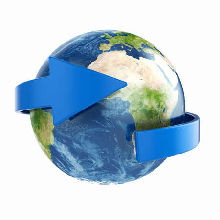 3d render of Earth with blue arrow aroundの写真素材