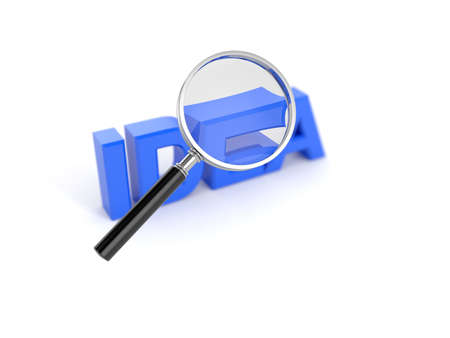 3d render of idea word with magnifying glassの写真素材