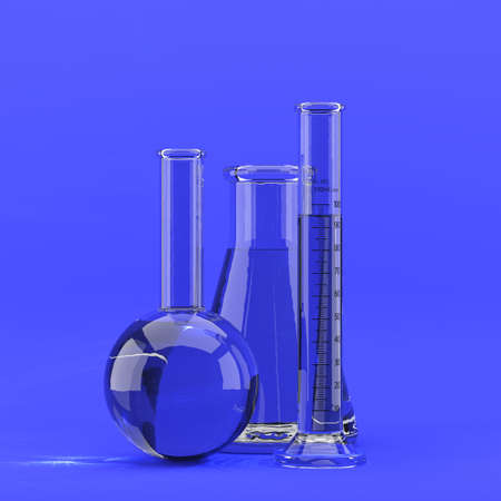 3d render of laboratory glassware on blue backgroundの写真素材