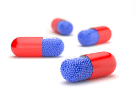  3d render of red medical pills with blue spheres background