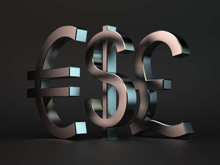 3d render of metal characters dollar, euro, pound over black backgroundの写真素材