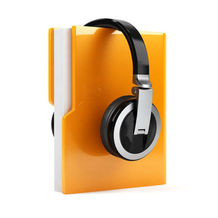 3d illustration of computer folder with earphones  Isolated on white background