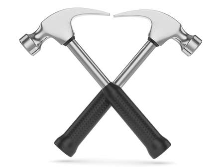 3d render of crossed hammers isolated on white backgroundの写真素材