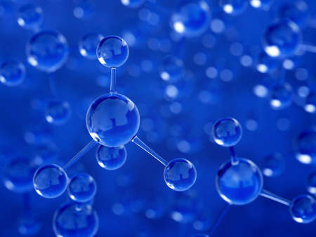 3d render of blue molecule background with soft focusの写真素材