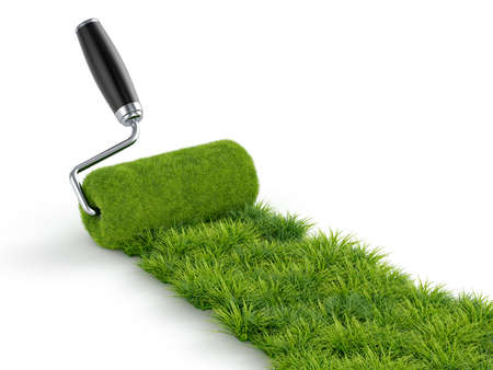3d illustration of green paint of grass  Roller isolated on white background の写真素材