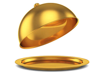 3d render of opened golden cloche, isolated on white background の写真素材