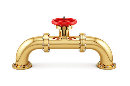 3d illustration of golden valve pipe isolated on white backgroundの写真素材