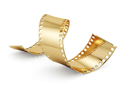 3d render of golden film strip isolated on white background. Entertainment concept