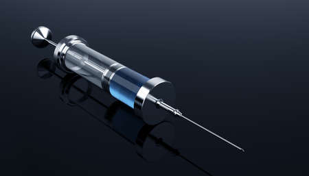 3d render of glass syringe on the dark blue background