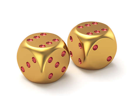3d render of golden dices isolated on white background 