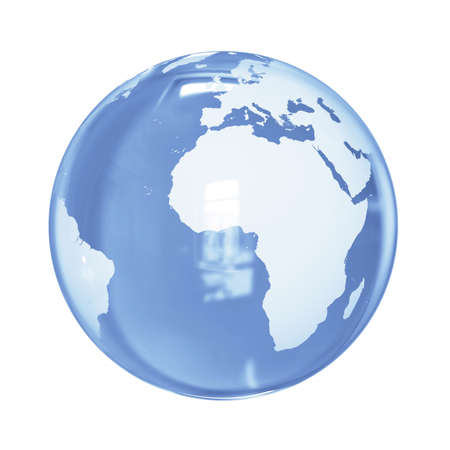 3d illustration of blue glass Earth planet. Isolated on white background.の写真素材