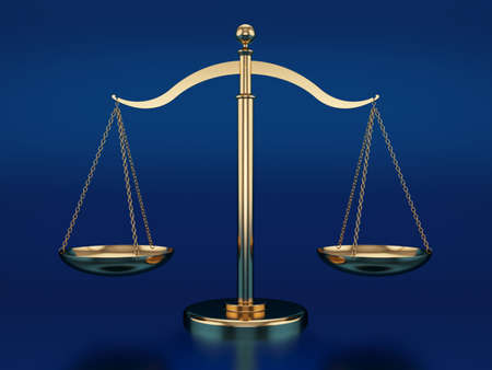 3d render of golden scales on the blue reflective backgroundの写真素材