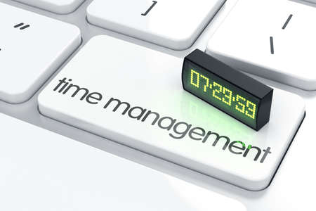3d render of led display alarm clock on the keyboard. Time management concept. 
