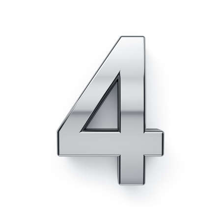 3d render of metalic digit four simbol - 4. Isolated on white background