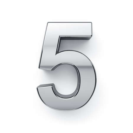 3d render of metalic digit five simbol - 5. Isolated on white background