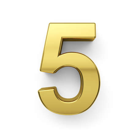 3d render of golden digit five simbol - 5. Isolated on white background