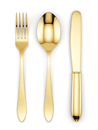 3d render of golden fork, spoon and knife isolated on white backgroundの写真素材
