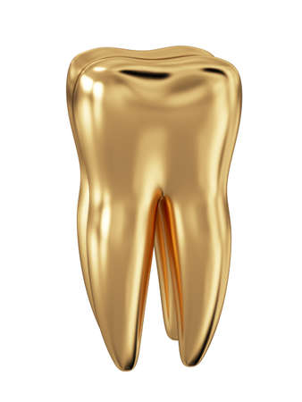 3d render of golden tooth isolated on white backgroundの写真素材