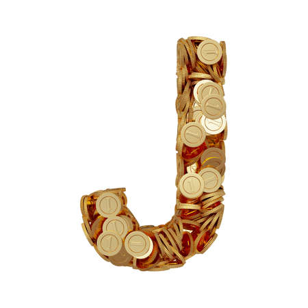3d illustration of alphabet letter J with golden coins isolated on white backgroundの写真素材