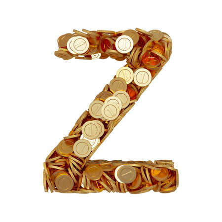 3d illustration of alphabet letter Z with golden coins isolated on white backgroundの写真素材