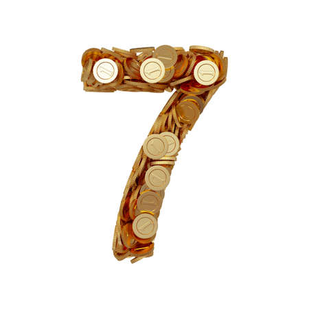 3d illustration of alphabet number digit seven 7 with golden coins isolated on white backgroundの写真素材