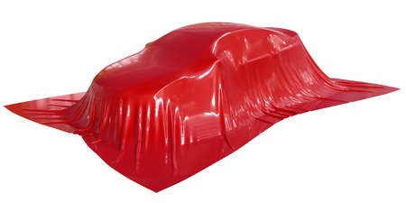 3d render of presentation of the new car - automobile covered with a red clothの写真素材