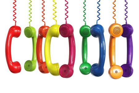 3d render of different colors phone receivers hangingの写真素材