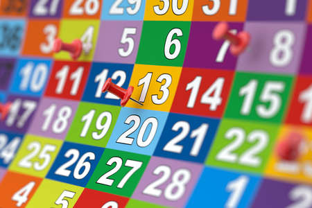 3d rendering of colorful month calendar with red pins. Illustration with soft focus
