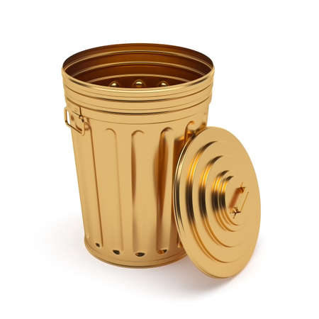 3d rendering of golden opened trash can isolated on white backgroundの写真素材