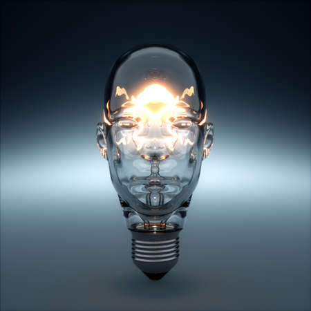 3d rendering of glass head shaped light bulb glowing. AI creativity conceptの写真素材