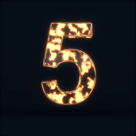 3d render of glass glowing fire digit five symbol - 5 on the dark background
