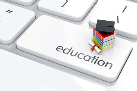 3d render of graduation cap with books icon on the keyboard. Education concept 3d render of graduation cap with books icon on the keyboard. Education concept