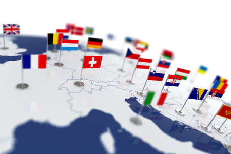 Europe map with countries flags. Shalow focus 3d illustration isolated on white backgroundの写真素材