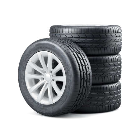3d rendering of new unused car tires with rims isolated on white backgroundの写真素材