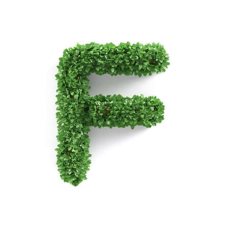 Green leaves F ecology letter alphabet font isolated on white background. 3d renderingの写真素材