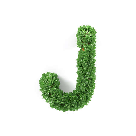 Green leaves J ecology letter alphabet font isolated on white background. 3d renderingの写真素材