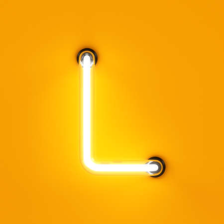 Neon light alphabet character L font. Neon tube letters glow effect on orange background. 3d renderingの写真素材