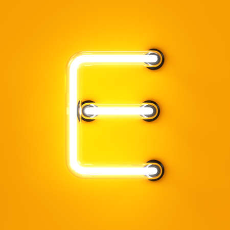 Neon light alphabet character E font. Neon tube letters glow effect on orange background. 3d...