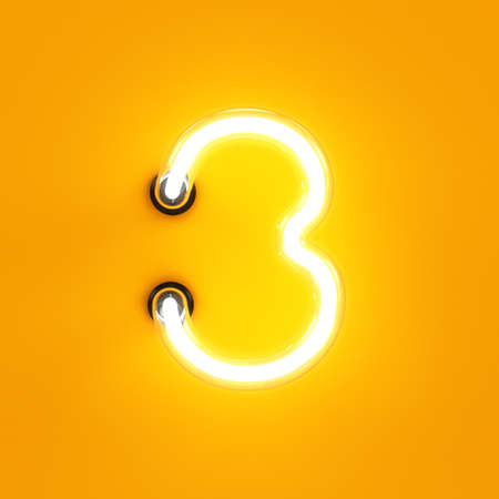 Neon light digit alphabet character 3 three font. Neon tube letter glow effect on orange background. 3d renderingの写真素材