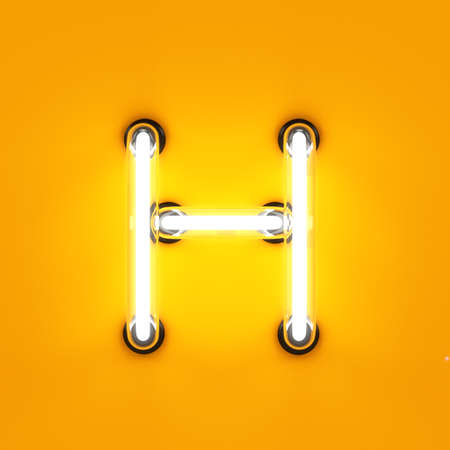 Neon light alphabet character H font. Neon tube letters glow effect on orange background. 3d...