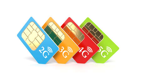 Set of color SIM cards with 2g, 3g, 4g, 5g technology icon isolated on white background. 3d...