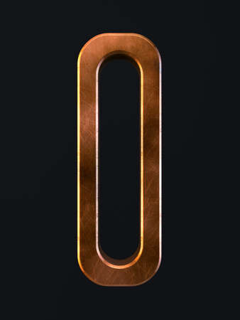 3d render of golden metal dirty rust scratch alphabet letter symbol - 0 zero. Alphabet character on the dark backgroundの写真素材