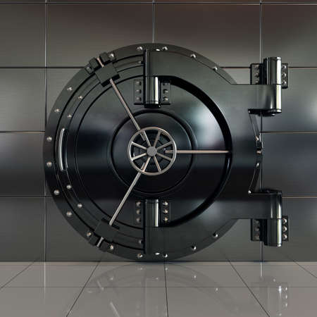 3d rendering of closed front view bank vault door. Safety and secure business conceptの写真素材