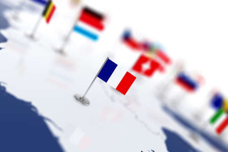France flag in the focus. Europe map with countries flags. Shallow depth of field 3d illustration rendering isolated on white backgroundの写真素材