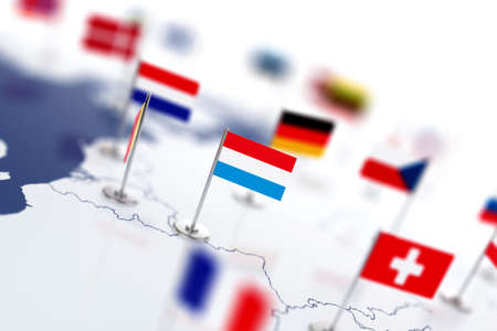 Luxembourg flag in the focus. Europe map with countries flags. Shallow depth of field 3d illustration rendering isolated on white backgroundの写真素材