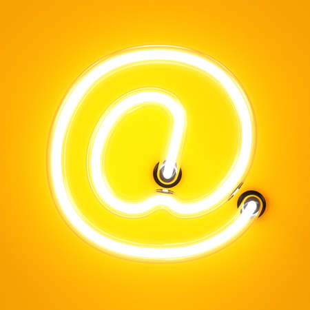 Neon light alphabet character at email mark sign font. Neon tube letters glow effect on orange background. 3d renderingの写真素材